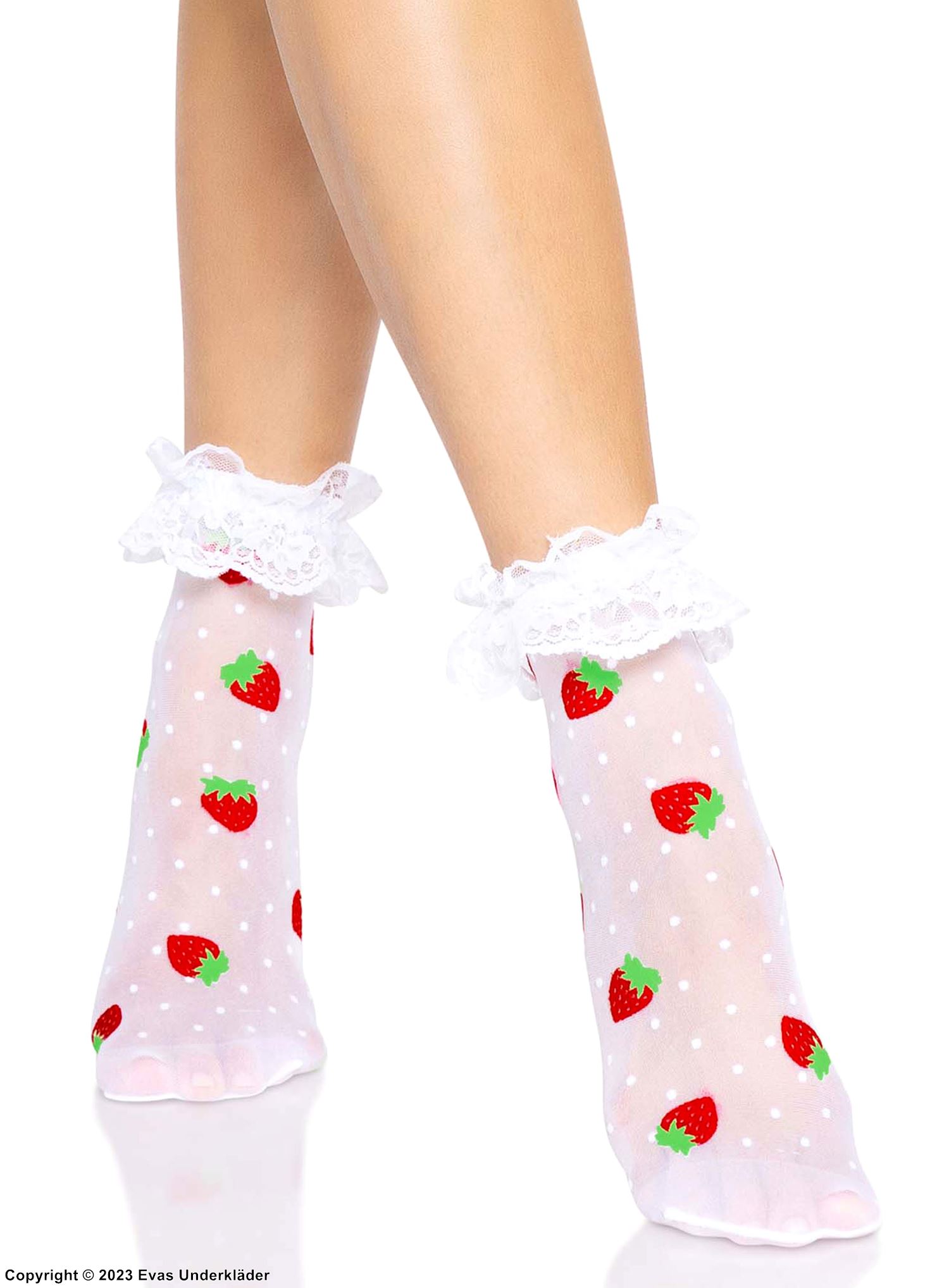 Ankle socks, ruffle trim, small dots, strawberries